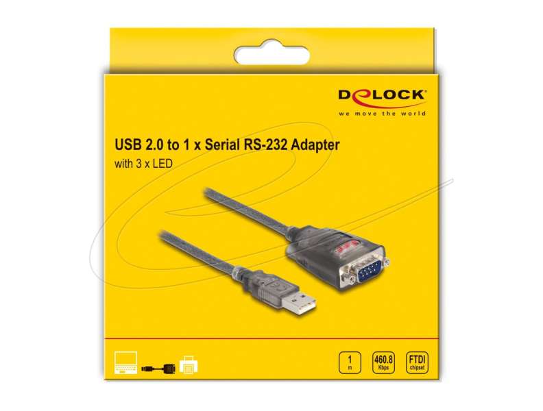 DeLock Adapter USB 2.0 Type-A to 1 x Serial RS-232 D-Sub 9 pin male with nuts with 3xLED 1m Black