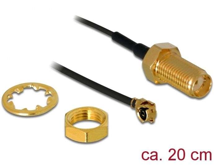 DeLock Antenna Cable SMA jack bulkhead to MHF I plug 1.13 20cm thread length 10mm