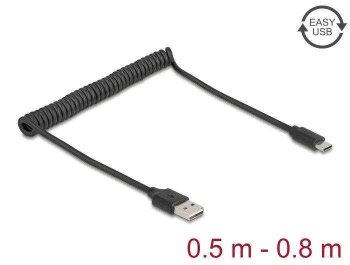 DeLock Coiled Cable EASY-USB 2.0 Type-A male to USB Type-C male 0.5 m to 0,8m Black