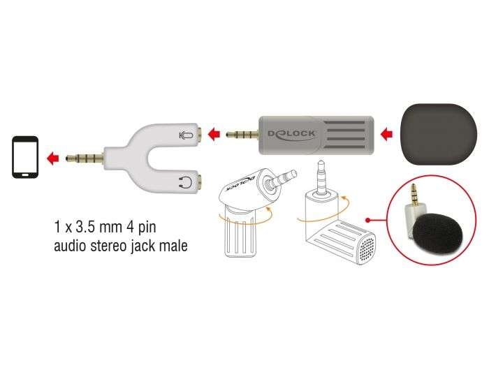 DeLock Condenser Microphone Uni-Directional for Smartphone / Tablet 3.5 mm 4 Pin Stereo Jack 90° angleable Silver