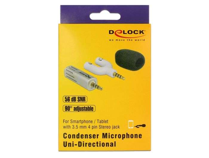 DeLock Condenser Microphone Uni-Directional for Smartphone / Tablet 3.5 mm 4 Pin Stereo Jack 90° angleable Silver