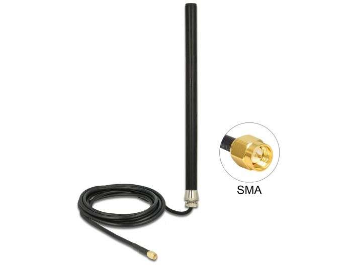 DeLock LTE UMTS GSM Antenna SMA plug 3 dBi omnidirectional fixed with connection cable RG-58, 3m wall mounting outdoor black