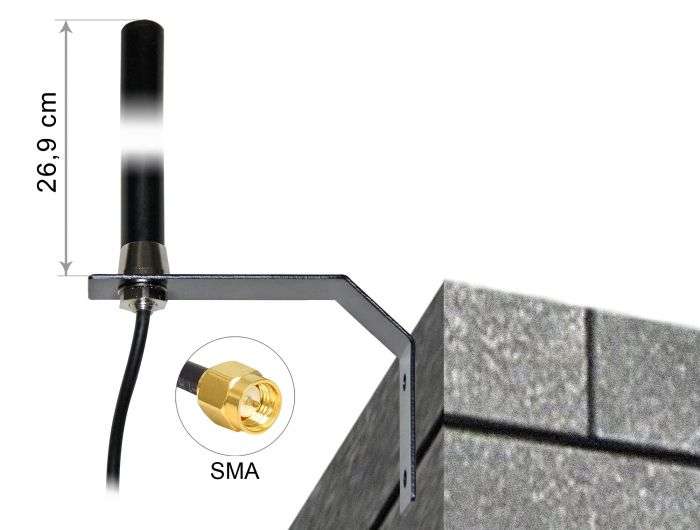 DeLock LTE UMTS GSM Antenna SMA plug 3 dBi omnidirectional fixed with connection cable RG-58, 3m wall mounting outdoor black