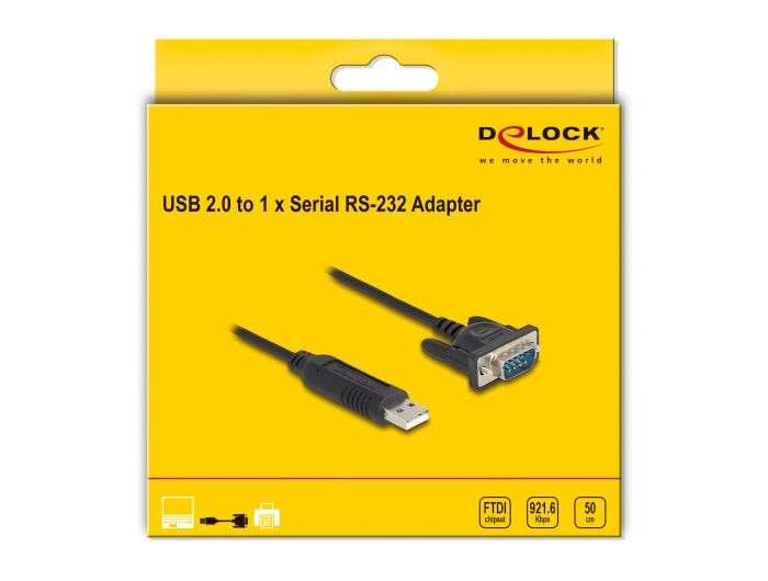 DeLock USB 2.0 to serial RS-232 adapter D-Sub 9 male with compact connector housing 50 cm FTDI Black