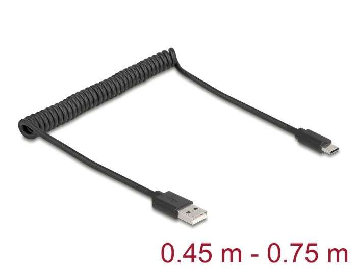 DeLock USB 2.0 Coiled Cable USB Type-A male to USB Type-C male 0,45 m to 0,75m Black