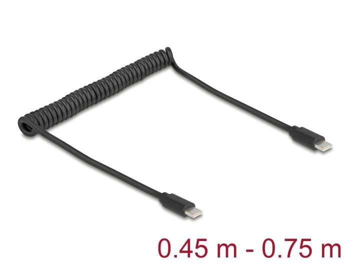 DeLock USB 2.0 Type-C Coiled Cable male to male 0,45 m to 0,75m Black