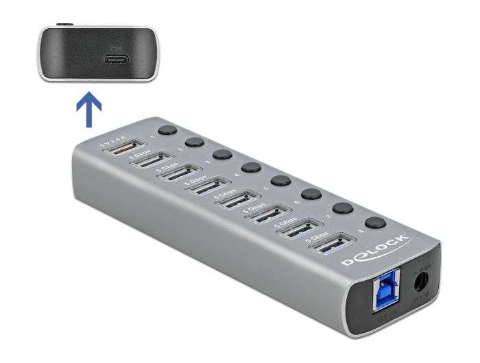 DeLock USB 3.2 Gen 1 Hub with 7 Ports + 1 Fast Charging Port + 1 USB-C PD 3.0 Port with Switch and Illumination