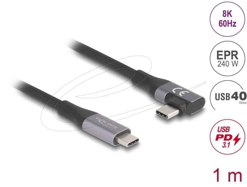 DeLock USB 40 Gbps cable angled left / right USB PD 3.1 Extended Power Range 240W 1m Black