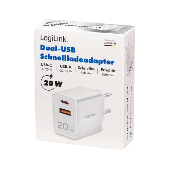 Logilink USB-A/C charger 20W GaN 2-port 1x USB-C (PD) 1x USB-A White