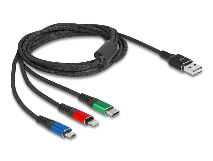 DeLock USB Charging Cable 3in1 Type-A to Lightning/Micro USB/USB Type-C 2m 3-coloured Black
