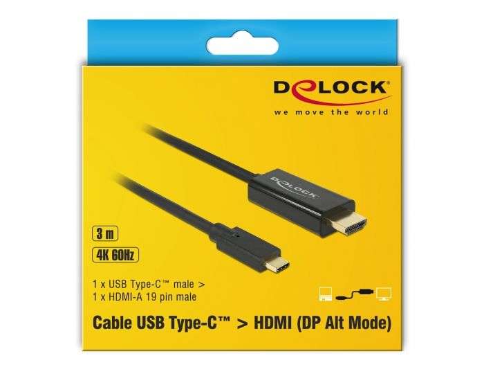 DeLock USB Type-C male > HDMI male (DP Alt Mode) 4K 60 Hz 3m cable Black