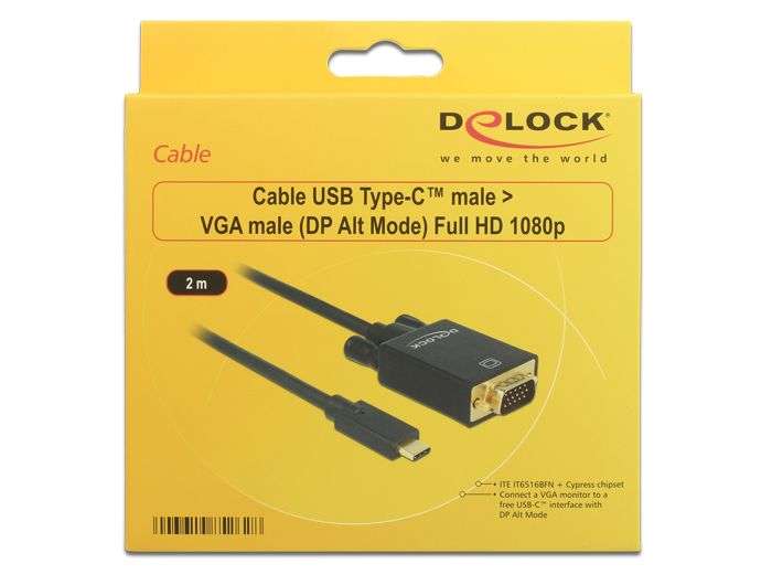 DeLock USB Type-C male > VGA male (DP Alt Mode) Full HD 1080p 2m Black Cable