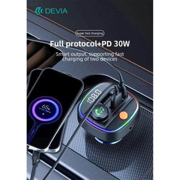 Devia Bluetooth FM-transmitter autós gyorstöltő 30W PD+QC Black