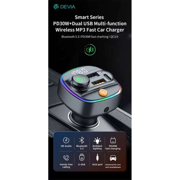 Devia Bluetooth FM-transmitter autós gyorstöltő 30W PD+QC Black