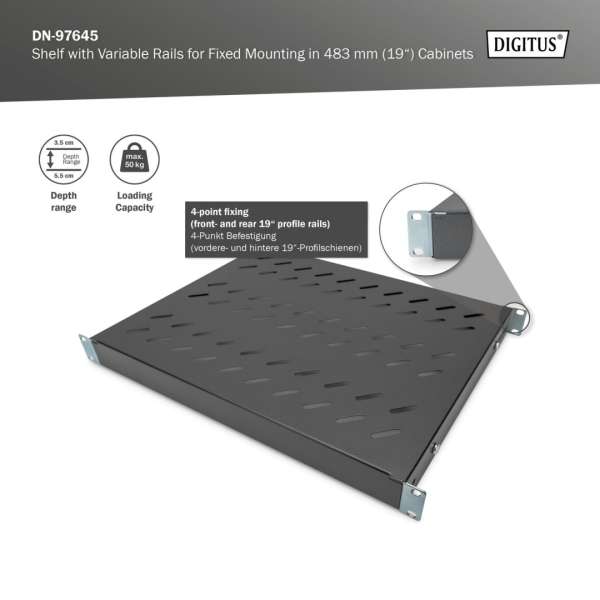 Digitus 1U fixed shelf for 600mm depth racks 44x482x350mm adjust. 350-550mm Depth Black