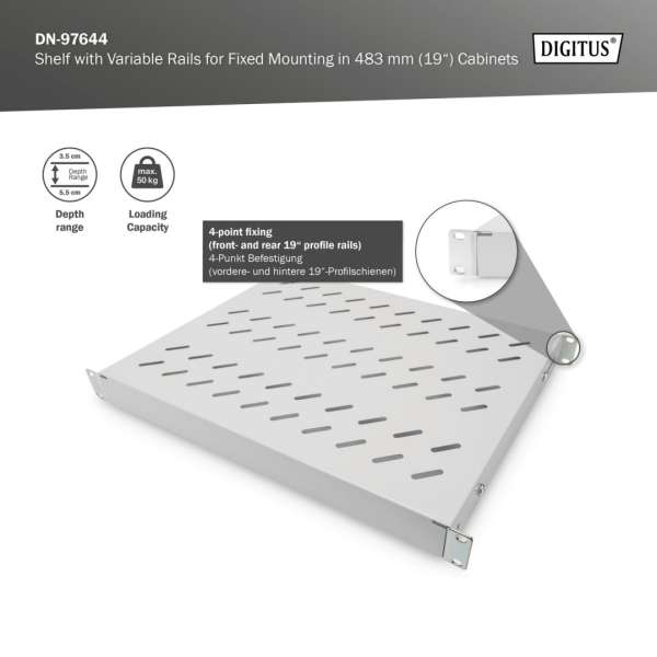 Digitus 1U fixed shelf for 600mm depth racks 44x482x350mm adjust. 350-550mm depth Grey