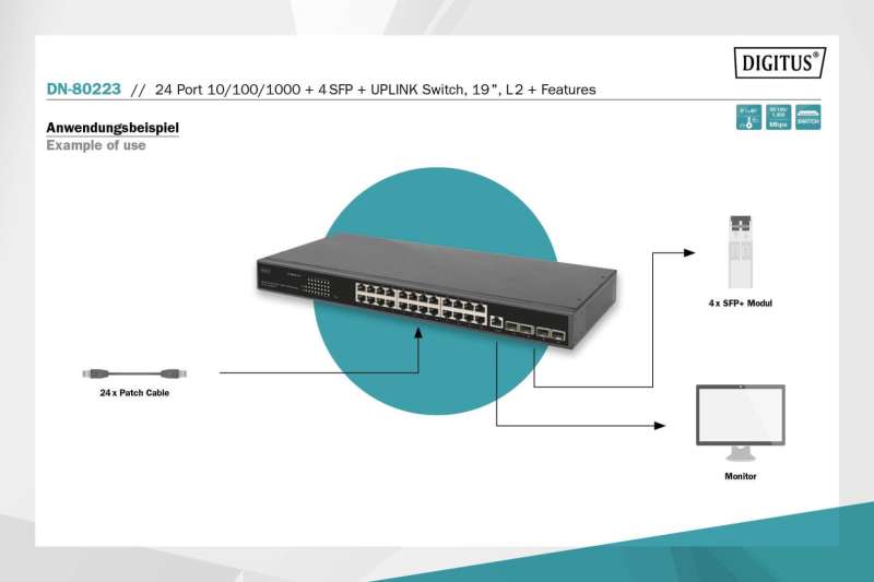 Digitus 24 Port 10/100/1000+4SFP+UPLINK Switch 19" L2+Features