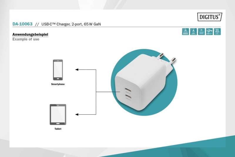 Digitus DA-10063 USB-C Charger 2-port, 65W GaN White