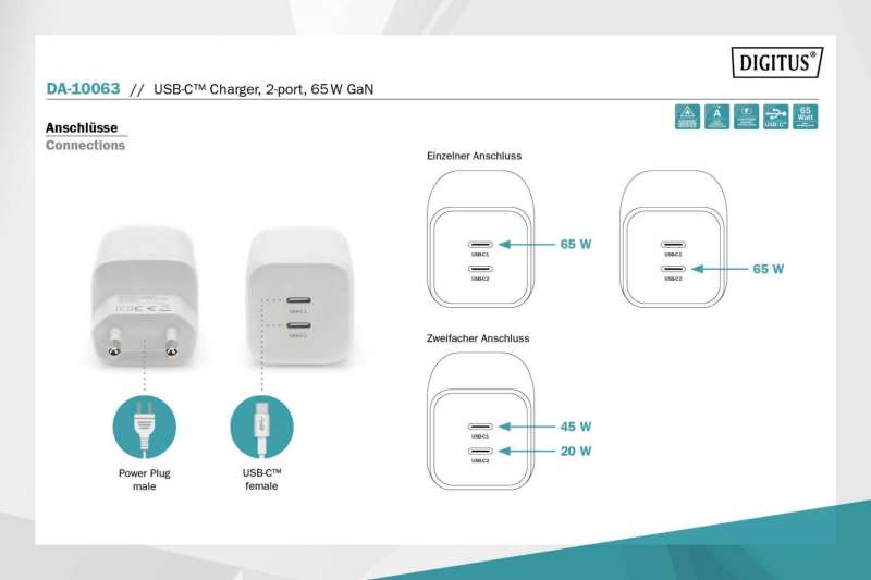 Digitus DA-10063 USB-C Charger 2-port, 65W GaN White