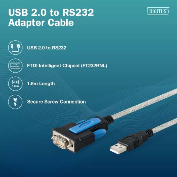 Digitus DA-70170 USB 2.0 to RS232 adapter cable integrated FTDI chipset 1,8m Black