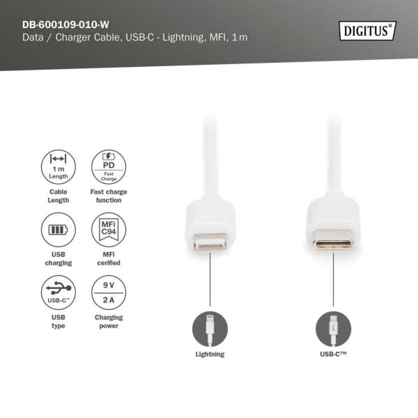 Digitus Data / Charger Cable USB-C - Lightning MFI 1m White