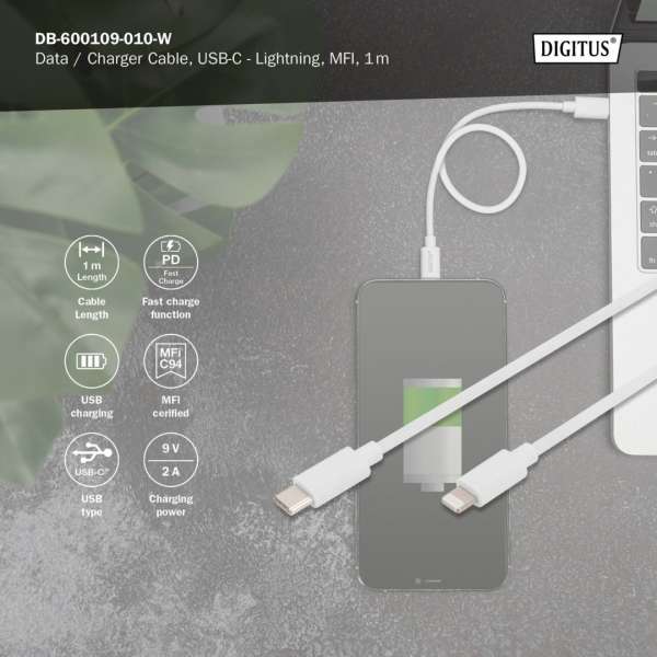 Digitus Data / Charger Cable USB-C - Lightning MFI 1m White