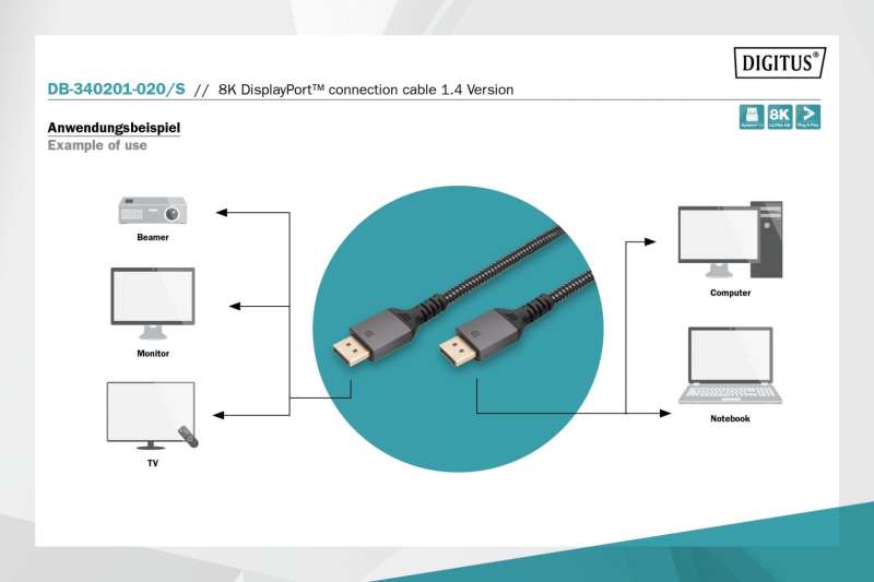 Digitus DB-340201-020-S 8K DisplayPort Connection Cable Version 1.4