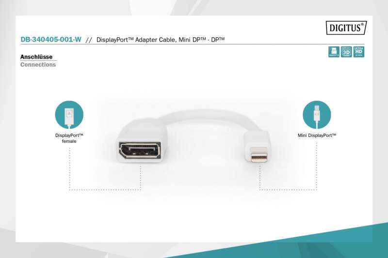 Digitus DB-340405-001-W adapter cable mini DP - DP 0,15m White
