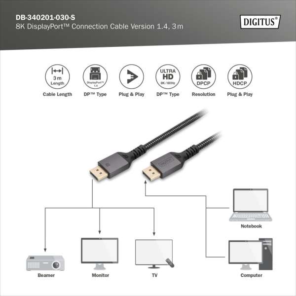 Digitus DisplayPort Connection Cable 8K 3m Black