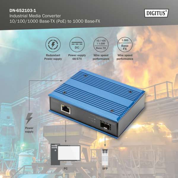 Digitus DN-652103-1 10/100/1000 Base-TX to 1000 Base-FX Industrial Media Converter