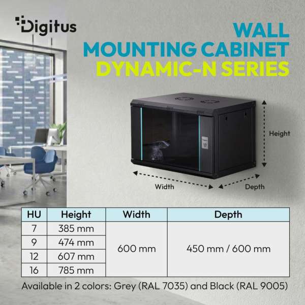 Digitus Dynamic DN-37105 19" 9U Falra szerelhető Rackszekrény Black