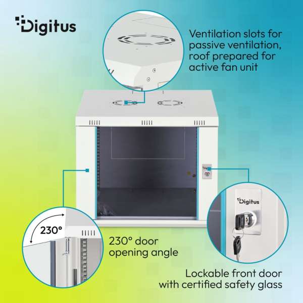 Digitus Dynamic DN-37106 19" 9U Falra szerelhető Rackszekrény Grey