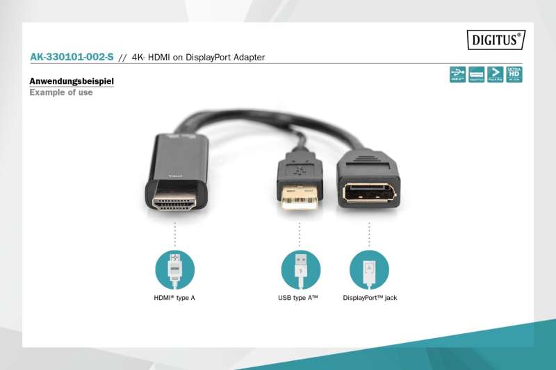 Digitus HDMI M to DP F with external Power 4K@30Hz. 0,2m Black