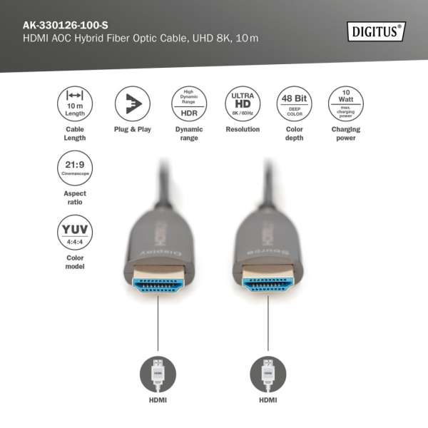 Digitus HDMI AOC Hybrid Fiber Optic Cable, UHD 8K 10m Black