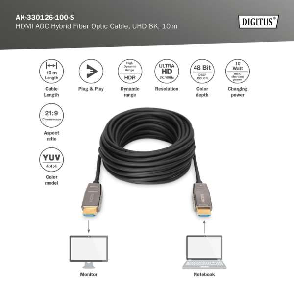 Digitus HDMI AOC Hybrid Fiber Optic Cable, UHD 8K 10m Black