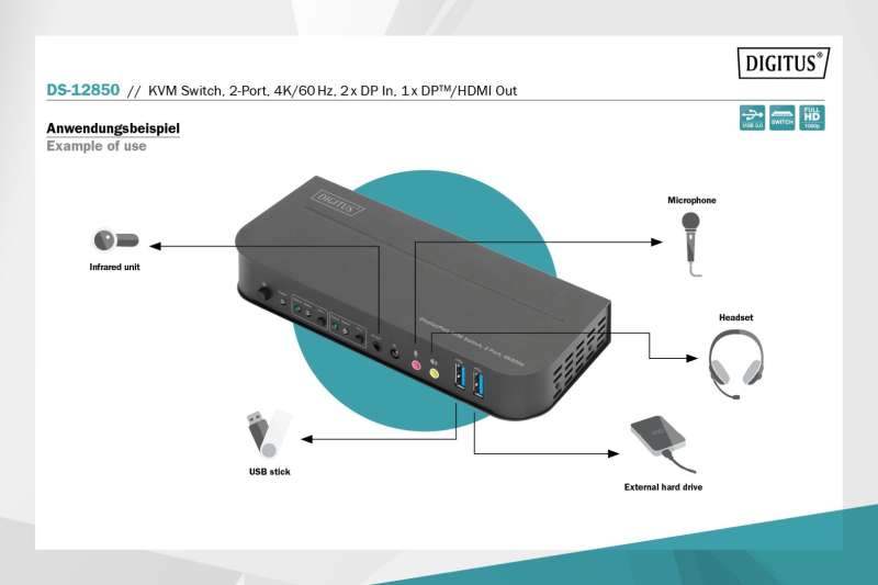 Digitus KVM Switch 2-Port 4K60Hz 2 x DP in 1 x DP/HDMI out Black