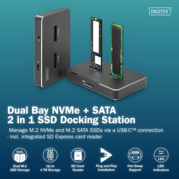 Digitus M.2 NVMe + M.2 SATA SSD Docking Station with SD Express Card Reader USB-C Black