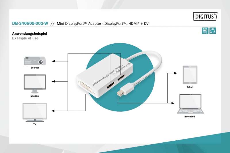 Digitus Mini DisplayPort Adapter/Converter Mini DP to DisplayPort HDMI+DVI 0,2m White