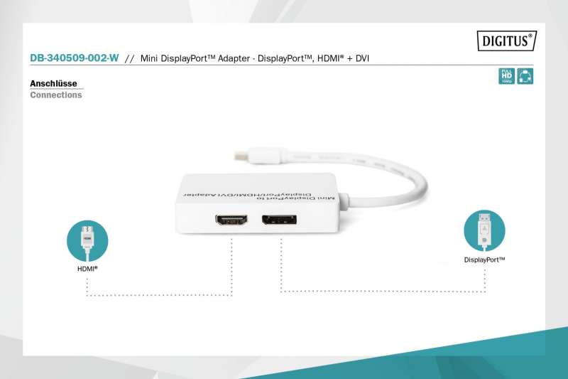 Digitus Mini DisplayPort Adapter/Converter Mini DP to DisplayPort HDMI+DVI 0,2m White