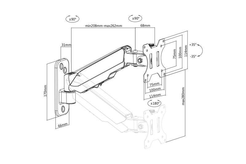 Digitus DA-90396 Universal Single Monitor Mount with Gas Spring Wall Mount Black