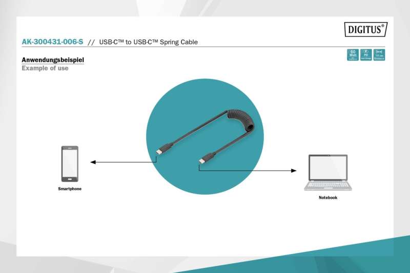 Digitus USB 2.0 - USB C to USB C Spiral Cable 1m Black