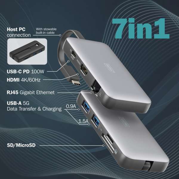 Digitus 7in1 USB-C Travel Docking Station Silver