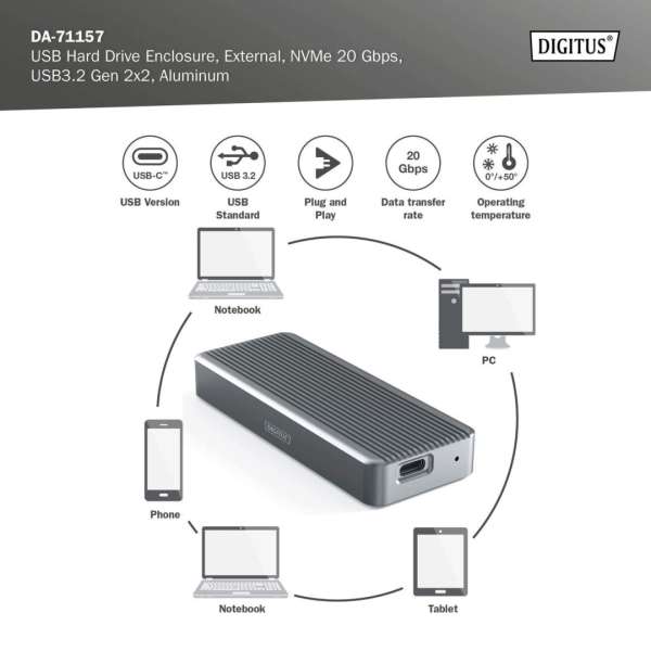 Digitus USB M.2 hard disk enclosure SSD external NVMe 20Gbps USB 3.2 Gen2x2 aluminum