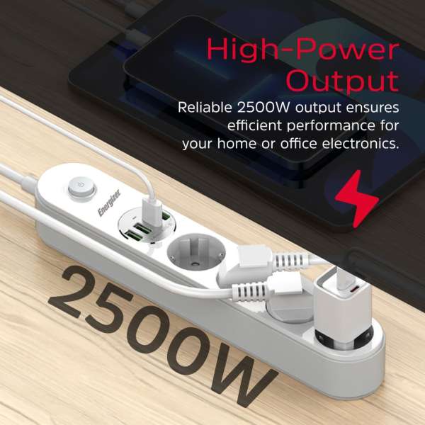 Energizer EPB2500W00EU Hálózati Elosztó Kapcsolóval 4DIN 2m White