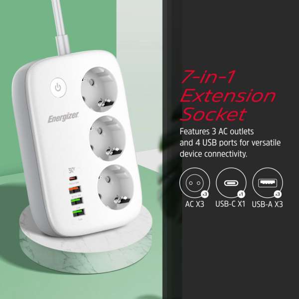 Energizer EPB2500W02EU Hálózati Elosztó Kapcsolóval 3DIN 2m White/Grey