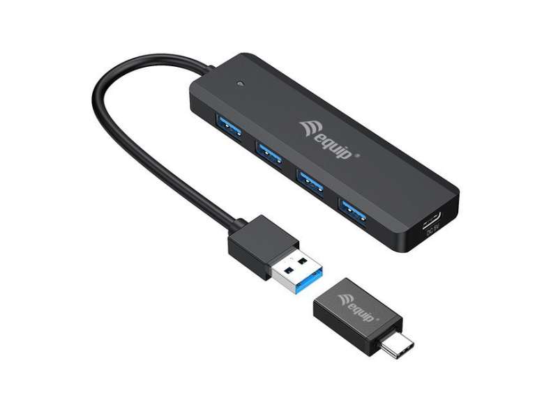 EQuip 4-Port USB 3.2 Gen 1 Hub with USB-C Adapter Black