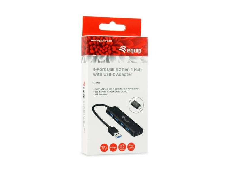 EQuip 4-Port USB 3.2 Gen 1 Hub with USB-C Adapter Black