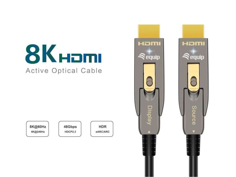EQuip HDMI 2.1 Detachable Type D + A Active Optical Cable 8K/60Hz 30m Grey