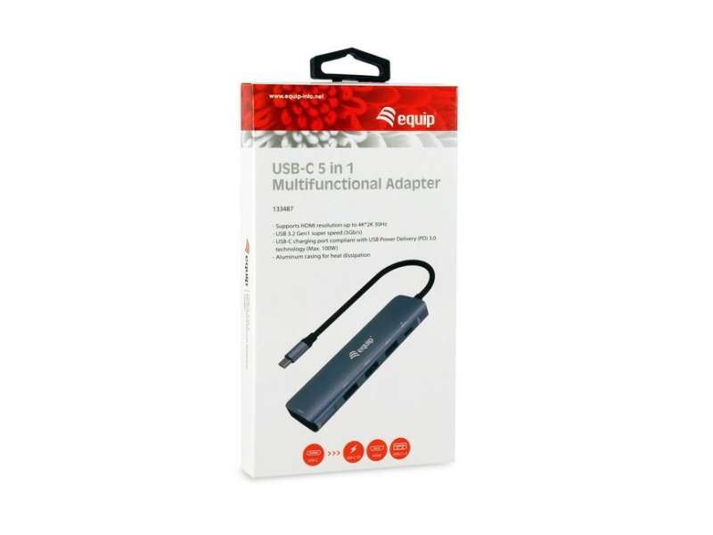 EQuip USB-C 5 in 1 Multifunctional Adapter, HDMI, USB 3.2 GEN1, 100W USB PD Grey