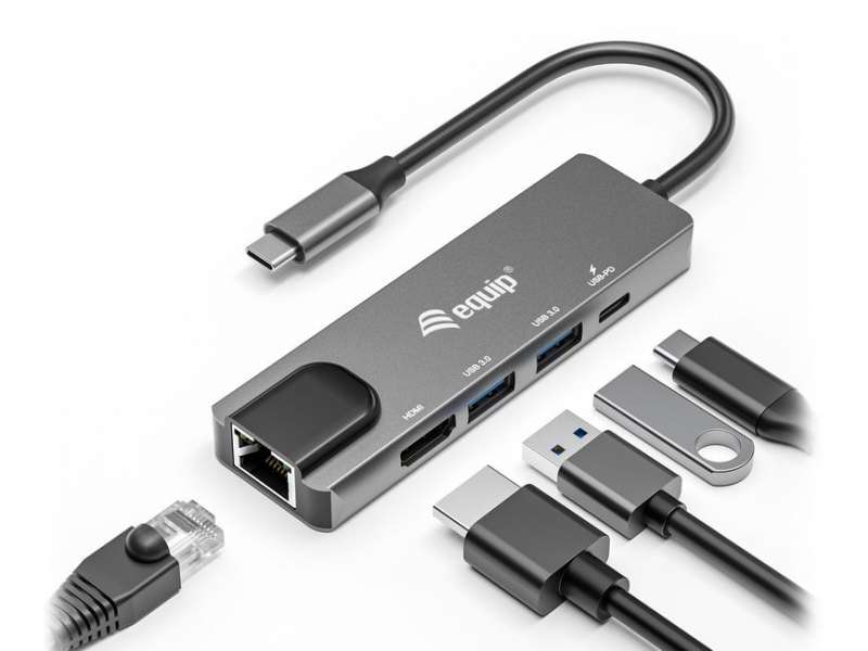EQuip USB-C 5 in1 Multifunction Adapter, HDMI , Gigabit LAN, USB 3.2 GEN1, 100W USB PD